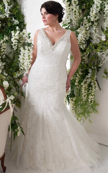 Beaded V-Neck Appliqued Lace Plus Size Wedding Dress