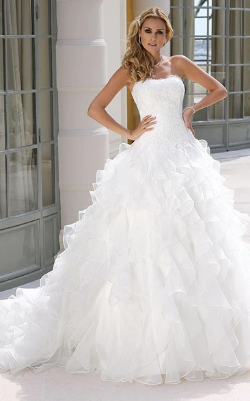 Cascading-Ruffle Organza Wedding Dress A-Line Ball-Gown with Appliques