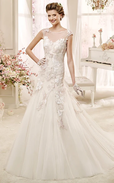 Cap sleeve Illusion Wedding Gown with Appliques and Court Train Illusion Cap Sleeve Wedding Dress with Court Train