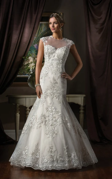 Mermaid Wedding Dress with High Neck Cap Sleeves Appliques and Illusion Back