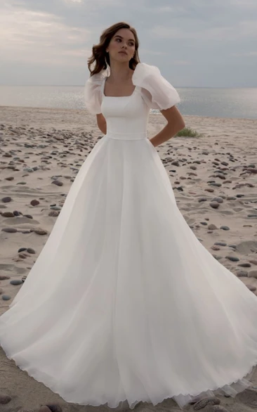 Casual Chiffon Wedding Dress with Ruching A Line Scoop Court Train