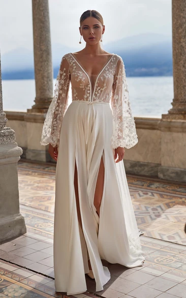 Bohemian Chiffon A-Line Wedding Dress with V-Neck and Deep-V Back