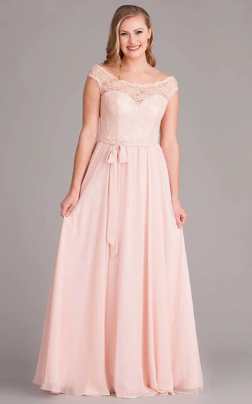 Lace Cap Sleeve Floor-Length Chiffon Bridesmaid Dress with Scoop Neck