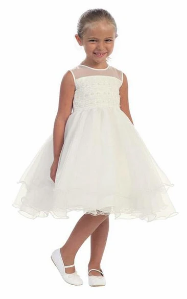 Illusion Midi Flower Girl Dress with Beaded Organza and Embroidery Modern Wedding Dress