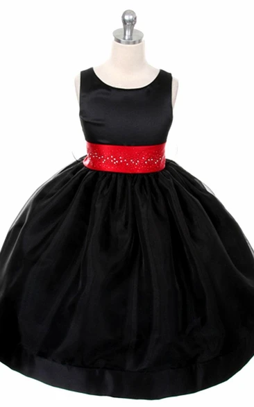 Sleeveless Beaded Tea-Length Satin Flower Girl Dress