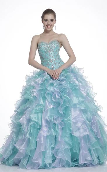 Crystal Detailed Sweetheart Ball Gown in Multi-Color Organza Fabric