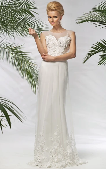 Floral Tulle Wedding Dress with Embroidery Sheath Maxi Cap-Sleeve Elegant