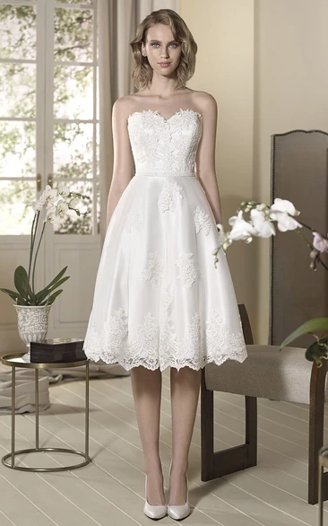 Sweetheart Satin&Lace A-Line Knee-Length Wedding Dress