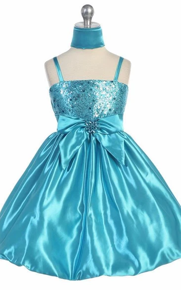 Cap-Sleeve Sequin and Satin Flower Girl Dress with Bow and Cape Knee-Length Chic