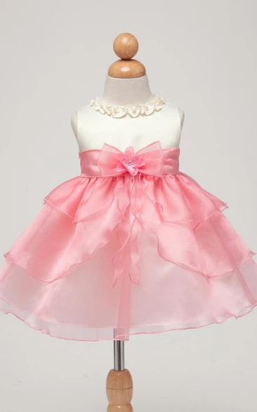 Sleeveless Organza & Satin Flower Girl Dress Tea-Length with Bow Accent