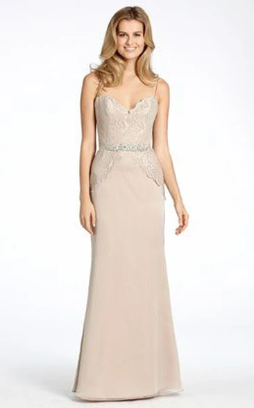 Floor-Length Chiffon Bridesmaid Dress with Jeweled Lace and V Back