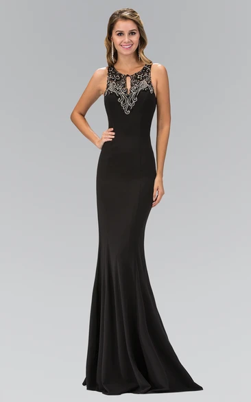 Sleeveless Sheath Jersey Illusion Dress with Beading Long Scoop-Neck and Pleats