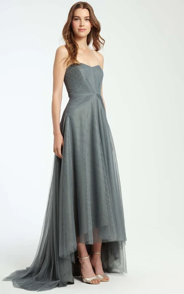 Strapless Tulle Bridesmaid Dress High-Low Ruched with Brush Train