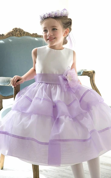 Floral Tea-Length Beaded Flower Girl Dress with Split Front Tiered Organza Sequins