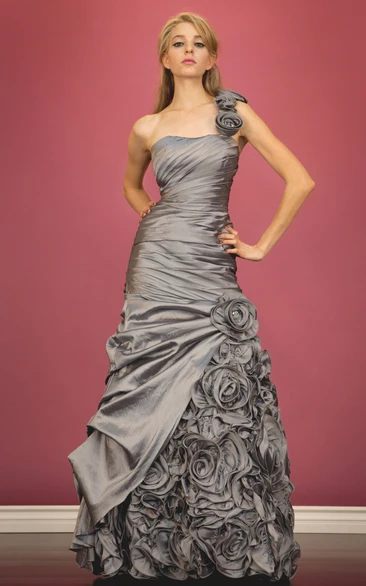 Satin One-Shoulder A-Line Dress with Flower and Side Draping