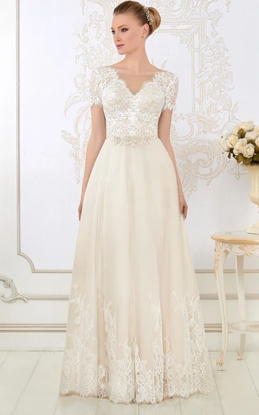 Timeless Short-Sleeve Lace Wedding Dress with V-Neck Floor-Length Silhouette