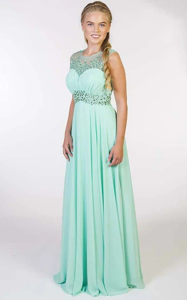 Crystal A-Line Chiffon Prom Dress with Pleats Sleeveless Long Scoop-Neck