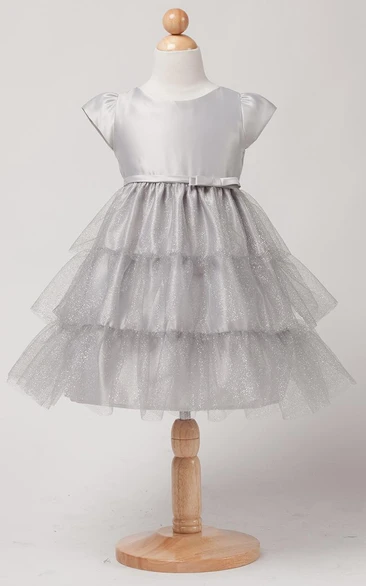 Bowed Satin Flower Girl Dress Tea-Length Ruffled Empire