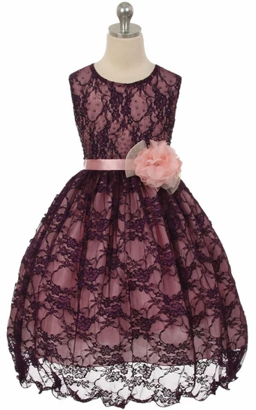 Tea-Length Lace and Satin Flower Girl Dress with Beaded Floral Design and Sash