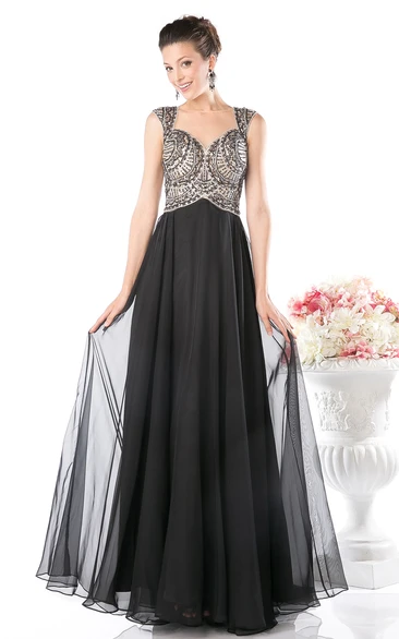 Chiffon Queen Anne Illusion Bridesmaid Dress with Beading and Pleats