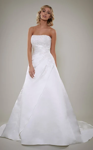 Appliqued Satin A-Line Wedding Dress with Lace-Up Back and Side Draping