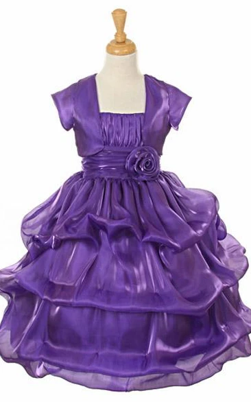 Tea-Length Flower Girl Dress with Bolero Ruched Organza and Satin and Pick Up Skirt