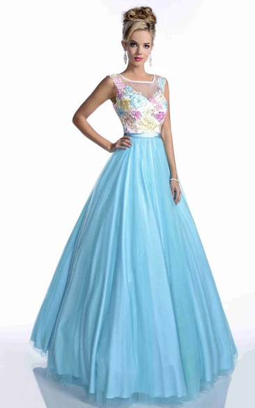 Long Tulle A-Line Prom Dress with Embroidered Bodice and Beadings Long Embroidered Beaded Prom Dress