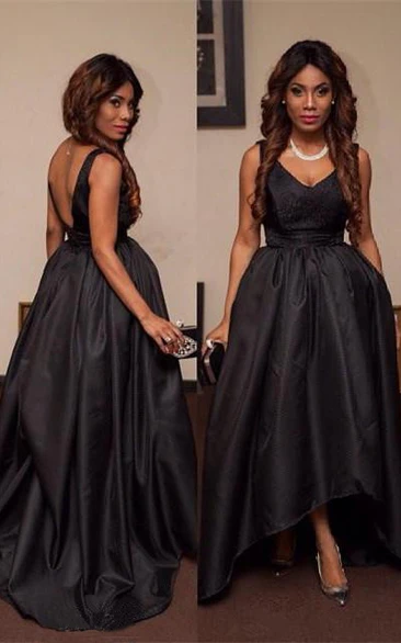 Black Sleeveless V-Neck Hi-Lo Prom Dress for Women