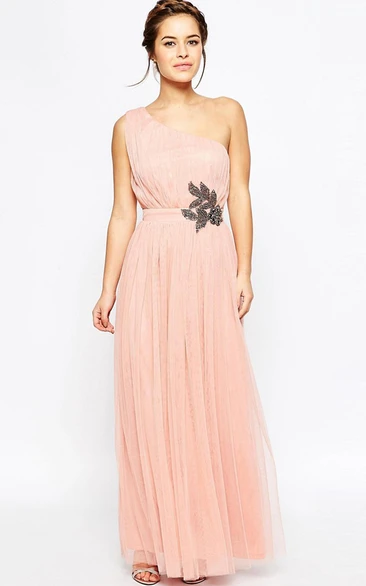 Crystal Tulle One-Shoulder Bridesmaid Dress Sleeveless