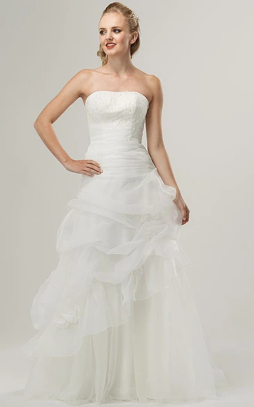 Tulle and Lace A-Line Wedding Dress with Pick Up Flower and Strapless Design