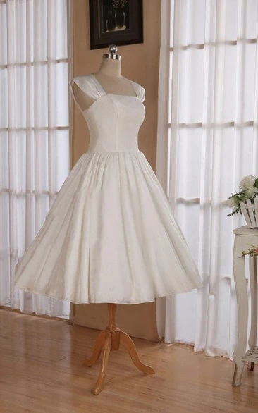 Satin Tea-Length Wedding Dress with Lace-Up Back and Sleeveless Straps