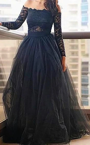 Off-the-Shoulder Black Prom Dress with Long Lace Sleeve Unique Prom Dress 2024