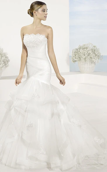 Tulle Wedding Dress with Cascading-Ruffle and Appliques + A-Line + Strapless