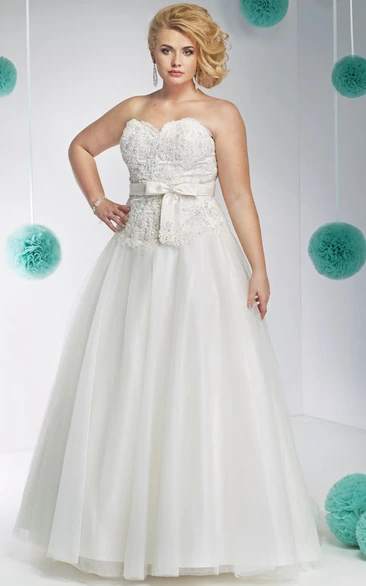 Sweetheart Lace&Tulle A-Line Wedding Dress with Beading and Bow Plus Size