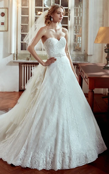 A-Line Wedding Dress with Multi-Tier Train and Beaded Belt Romantic Wedding Dress Unique