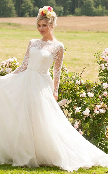 Appliqued Chiffon High Neck Long Sleeve Wedding Dress Elegant Style