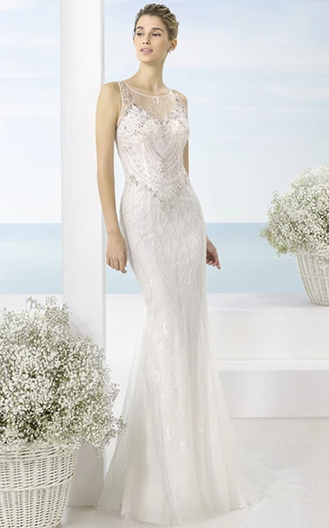 Beaded Tulle Wedding Dress with Illusion Scoop Neckline and Sweep Train Elegant Wedding Dress