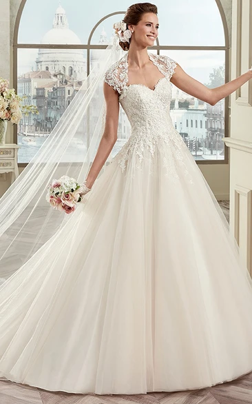 Queen Anne Neckline Lace Bodice A-line Wedding Dress