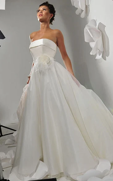 Floral Satin A-Line Wedding Dress with Strapless Style and Court Train Floor-Length