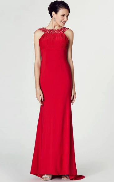 Beaded Sleeveless High-Low Jersey Prom Dress with Scoop Neck and Brush Train