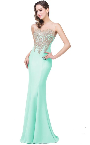 Sleeveless Satin Mermaid Formal Dress with Lace Applique Detail