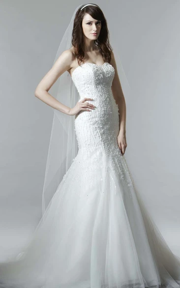 Sweetheart Beaded Mermaid Tulle Wedding Dress Maxi Length