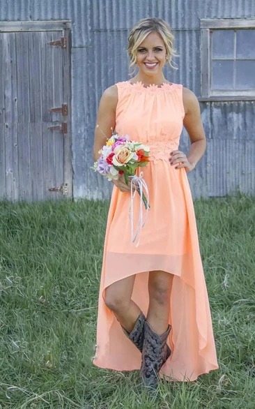 Chiffon Sleeveless A-line Bridesmaid Dress with Appliques High-low Jewel Neckline