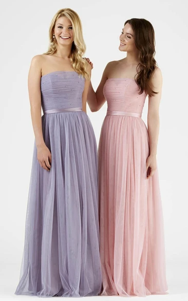 Strapless Tulle Bridesmaid Dress with Ruched Design Beading and Ribbon Accents