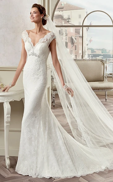 Cap Sleeve Lace Open Back Wedding Dress with Brush Train Classy and Modern