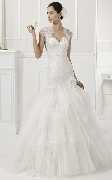 Tiered Tulle Mermaid Wedding Dress with Sweetheart Neckline Removable Lace Cap Sleeves and Train