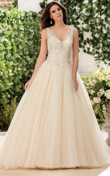 Sleeveless A-Line Wedding Dress with V-Neckline Beadings and Appliques