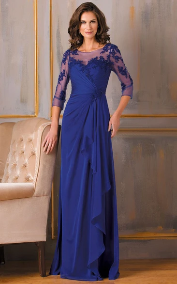 Appliqued Sheath Mother Of The Bride Dress with 3/4 Sleeves and Floor-Length