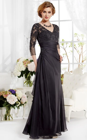 Applique and Pleated A-Line Gown with Sleeves for Special Occasions