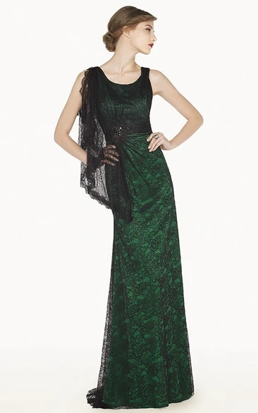 Allover Lace Sheath Prom Dress with Side Shoulder Drape Long Scoop Neck